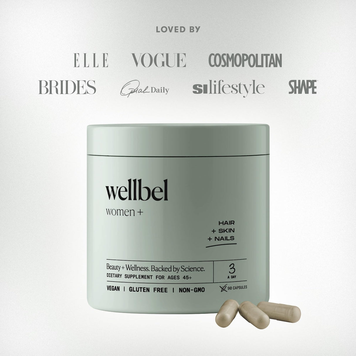 WELLBEL Women + Clean Supplement for Hair, Skin, and Nails, Vegan, Gluten Free, Non GMO 90 Count