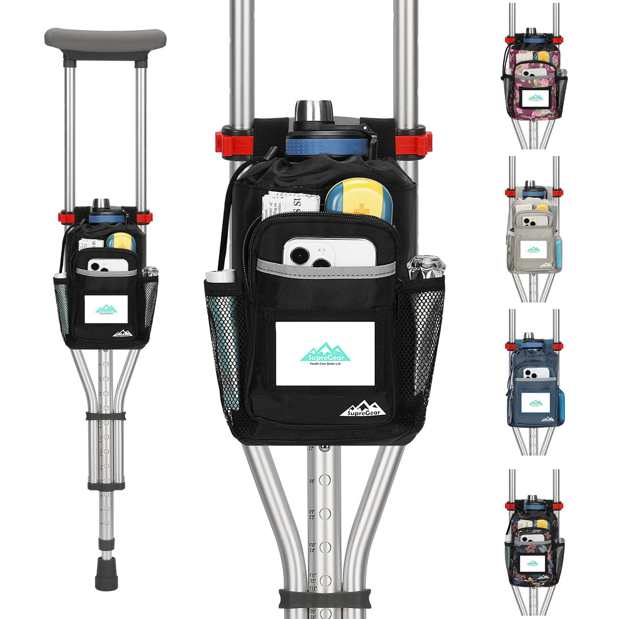 supregear Crutch Accessories Bag, Water-Resistant Storage Pouch with Cup Holder and Multiple Pockets, Large Capacity Organizer for Underarm Crutches, Black