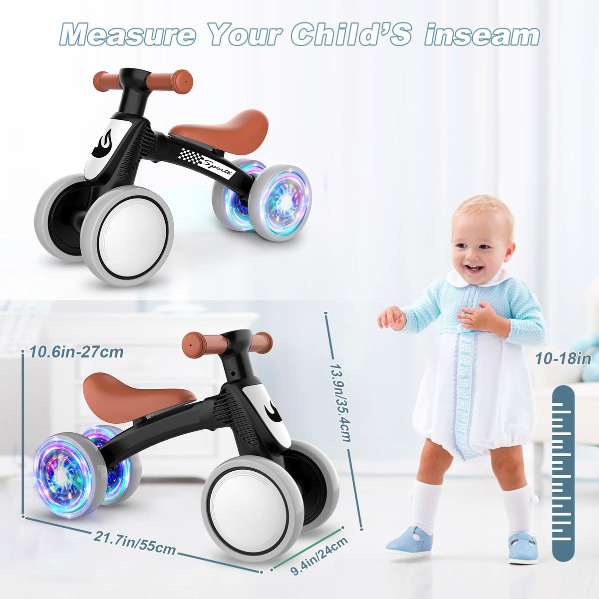 WETIFY Colorful Lighting Baby Balance Bike Toys for 1 Year Old Boy Gifts, 10-36 Month Toddler Balance Bike, No Pedal 4 Silence Wheels & Soft Seat First Bike, One Year Old Boy Birthday Gift.