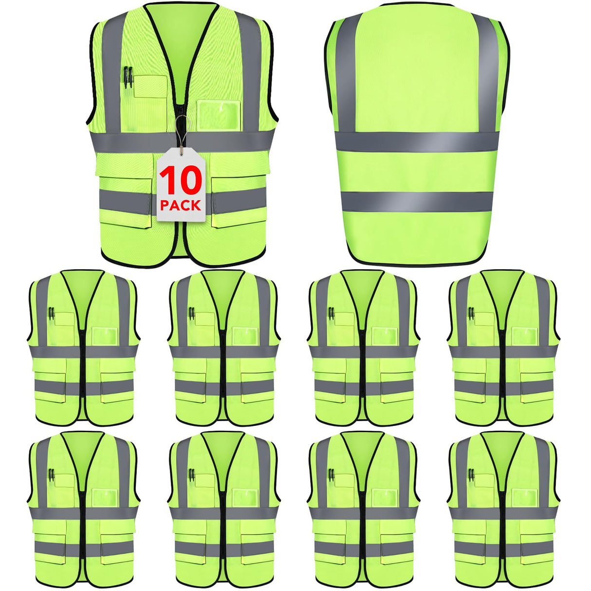 XPCARE 10-Pack Hi Vis Reflective Safety Vest with Pockets, Green High Reflective Strips Zipper Work Vest for Men and Women(X-Large)