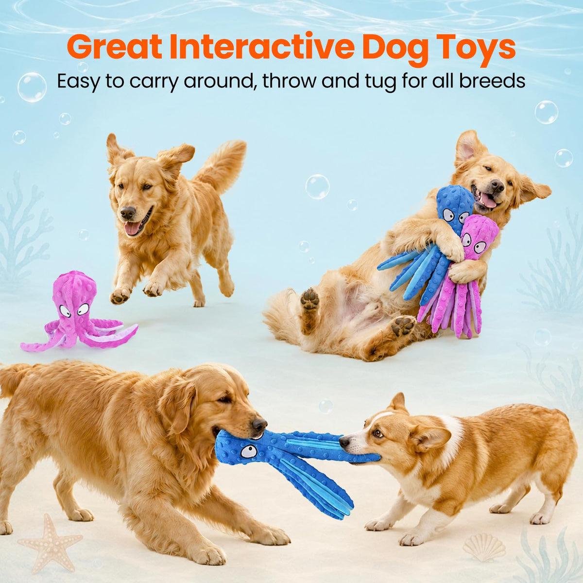 HGB Squeaky Dog Toys No Stuffing Octopus Crinkle for Large Medium Small Dog
