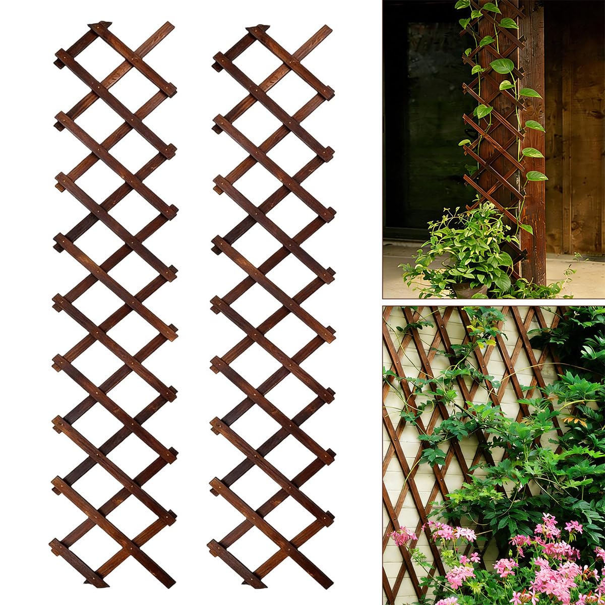 2Pcs Expandable Garden Trellis, 13" x 68" Thickened Wooden Lattice Trellis for Climbing Plants Outdoor Ivy Vine Rose Clematis for Garden Fence Wall Patio Room Decor (2Pcs Brown)