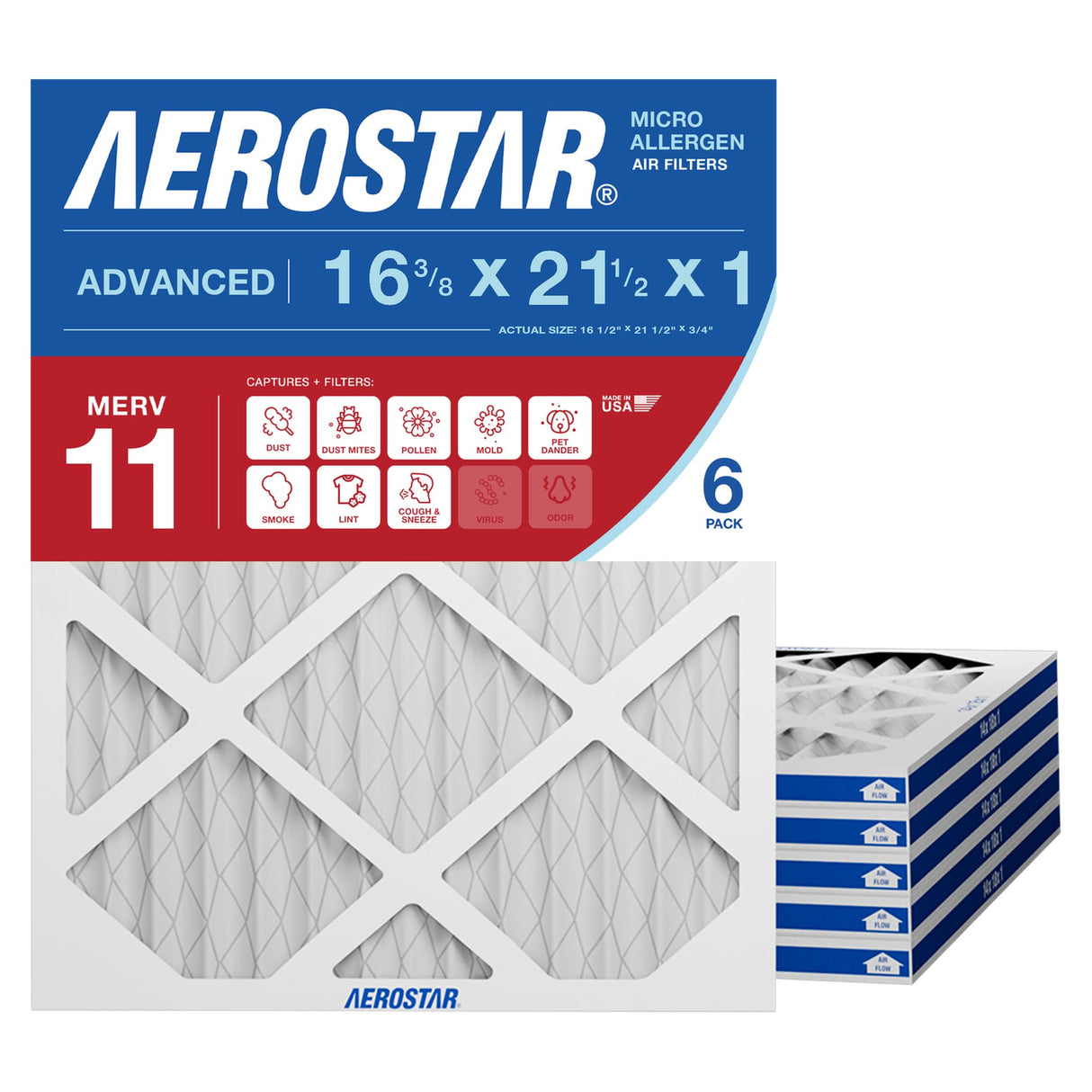 Aerostar 16.375x21.5x1 MERV 11 - 6 Count - Pleated HVAC, Furnace & Air Conditioner Filters - Removes Dust, Cold & Flu Germs, Lint, Mold, Pet Dander, Allergy-Causing Pollen, Smog & Smoke