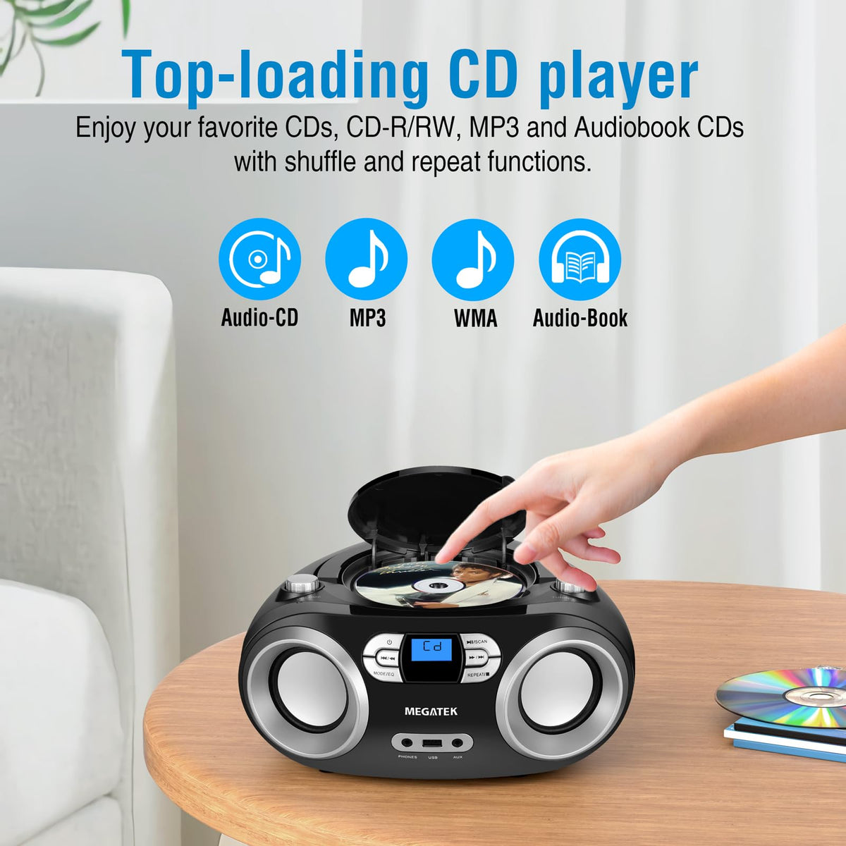 MEGATEK Portable CD Player Boombox with Bluetooth & FM Radio – Black