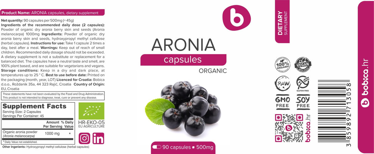 Organic Aronia Berry Capsules – Black Chokeberry Supplement with Natural Anthocyanins & Polyphenols – Supports Immune System – from Aronia Berries Powder – Non-GMO – 500mg, 90 Vegan Capsules