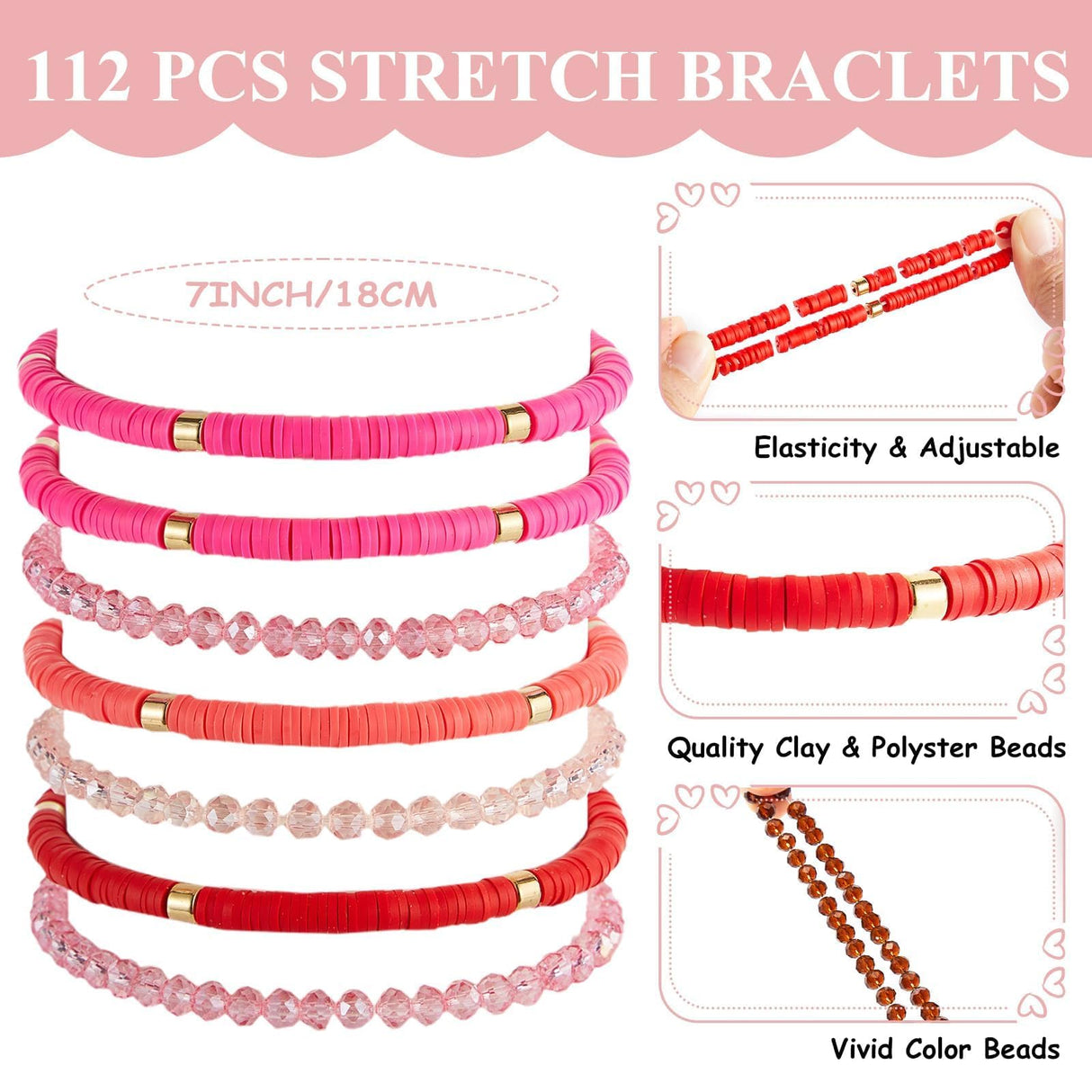 112 Pcs Beaded Friendship Bracelets Bulk Surfer Heishi Clay Stretch Y2K Bracelets Colorful Cute Boho Stackable BFF Bestie Inspirational Jewelry for Women Summer Beach Party Favors Friendship Style