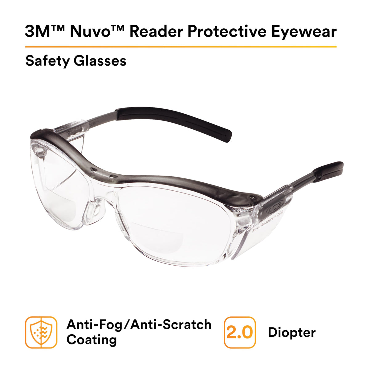 3M Safety Glasses with Readers, Nuvo Readers, +2.0 Diopter, Pack of 1, ANSI Z87, Clear Lens, Gray Frame, Soft Nose Bridge, Side Shields
