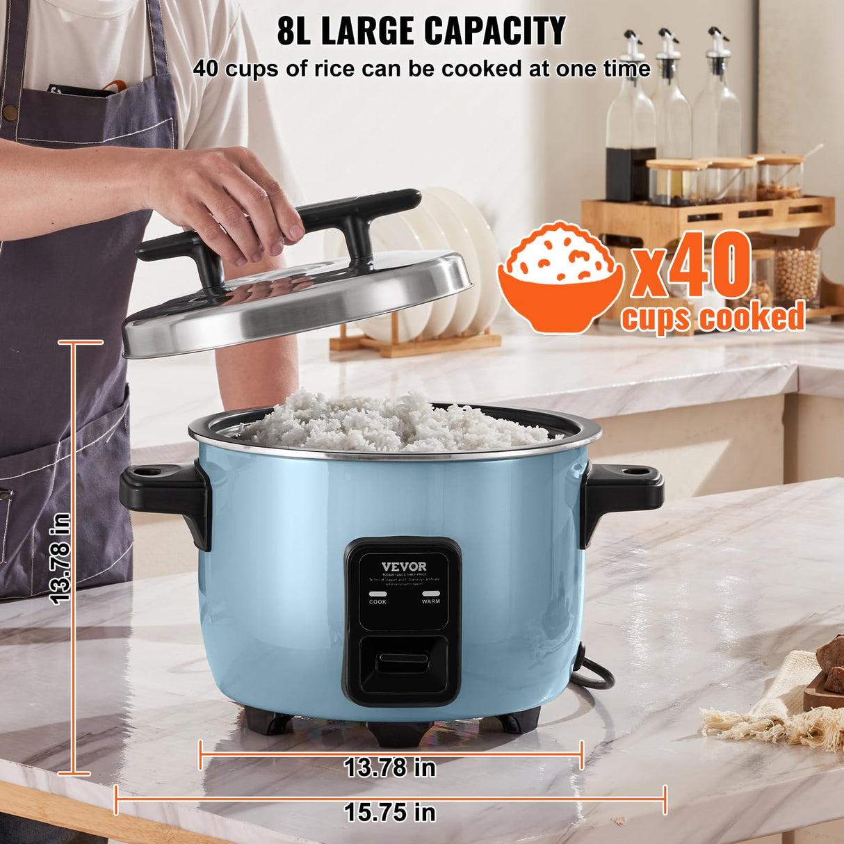 VEVOR Commercial Rice Cooker, 40-Cup Rice Cooker, 8.45 Qt / 8 Liter Large Rice Cooker and Warmer with Nonstick Inner Pot, Fast Cooking and 24-Hour Keep Warm, with Rice Cup and Paddle, for Restaurant