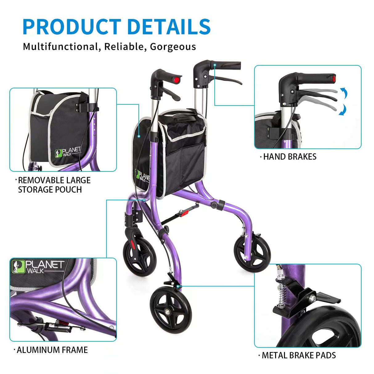 Planetwalk Premium 3 Wheel Rollator Walker for Seniors - Ultra Lightweight Foldable Walker for Elderly, Aluminum Three Wheel Mobility Aid, Dark Purple
