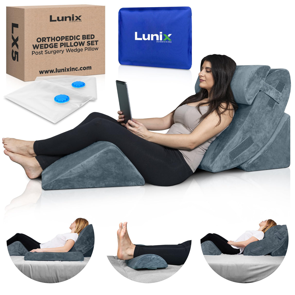 Lunix 4pcs Orthopedic Bed Wedge Pillow Set, Post Surgery Memory Foam for Back, Knee, Leg Pain Relief, Sitting Pillow for Sleeping, Acid Reflux, GERD, with Hot Cold Pack, FSA HSA Eligible, 100% Navy