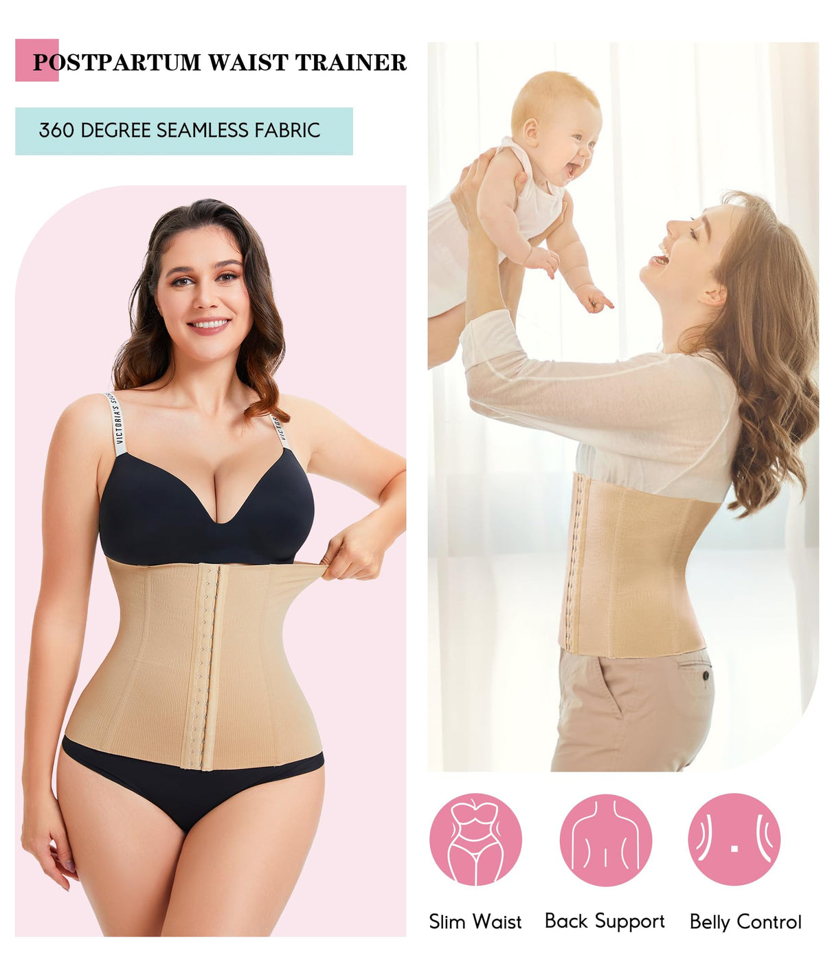 LODAY Waist Trainer Corset Shapewear Tummy Control Body Shaper Waist Cincher for Women Postpartum Belly Band Wrap - Small Beige Hook