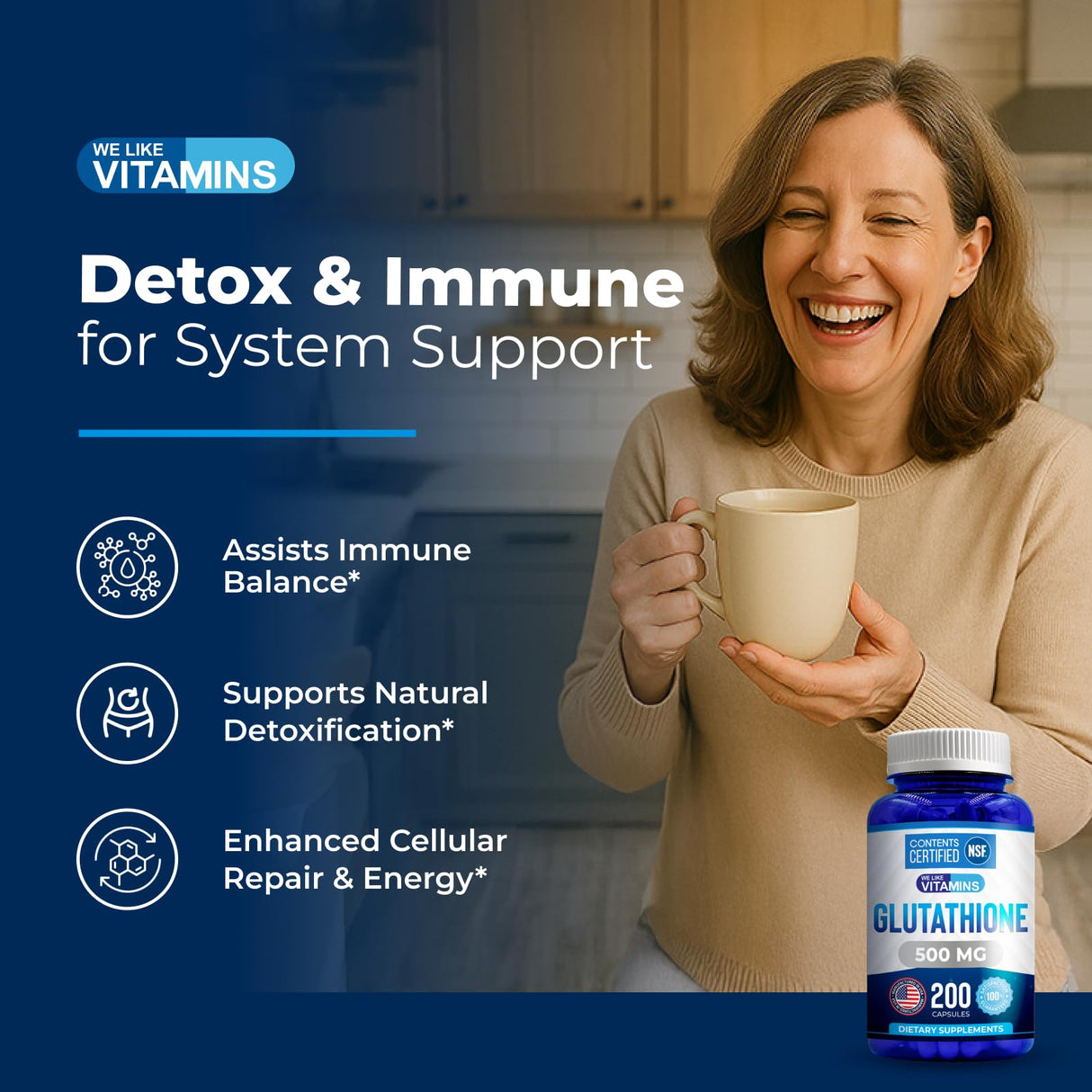 We Like Vitamins | NSF Certified Glutathione Supplement | Manufactured in USA | Highly Bioavailable | L-Glutathione Antioxidant Support|500mg Per Serving | 200 Capsules