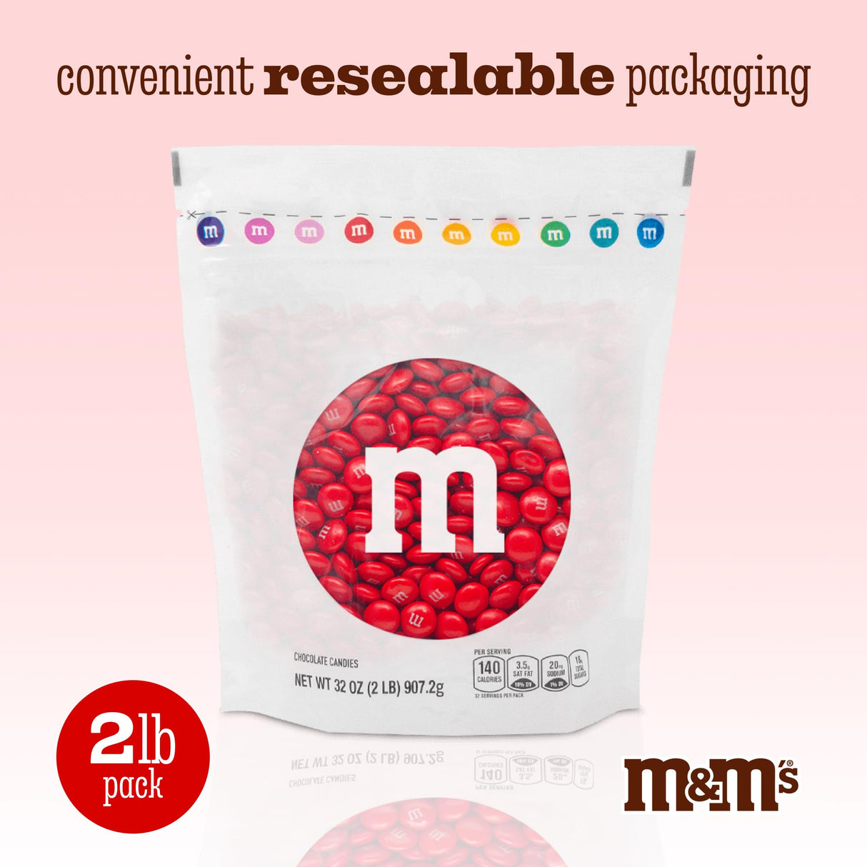 M&M’S WORLD Red Milk Chocolate Candy, 2lbs of M&M'S in Resealable Pack for Candy Bars, Birthday Parties, Christmas Chocolate, Valentine's Day, 4th of July, Dessert Tables & DIY Party Favors