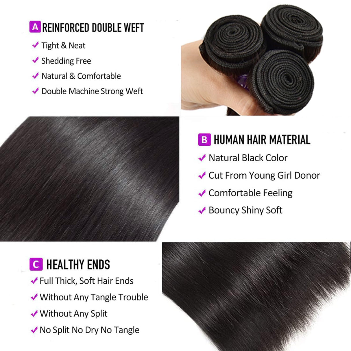 10A Human Hair Bundles 26 28 30 Inch Straight 3 Bundles Human Hair Brazilian Virgin Hair Weave Bundles Human Hair Extension 100% Unprocessed Weave Bundles Double Weft Natural Black