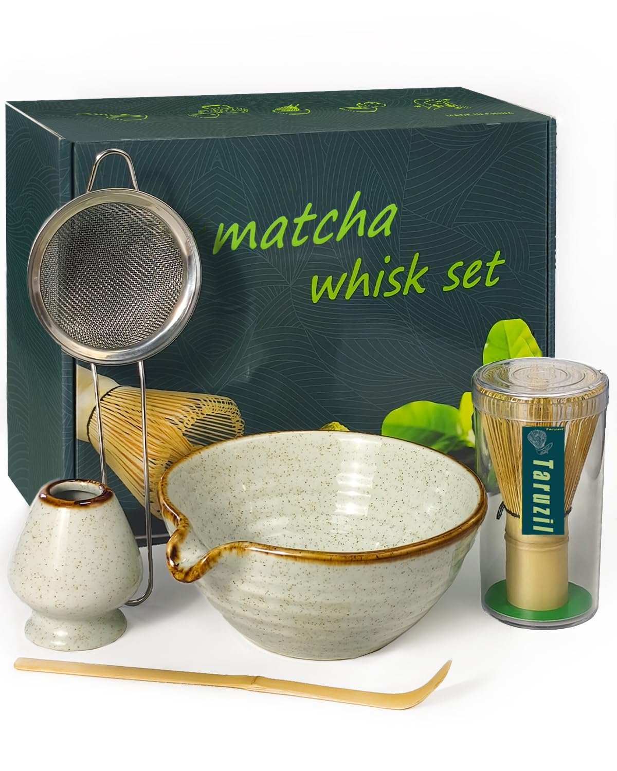 Taruzil Matcha Whisk Set with Matcha Bowl, Matcha Bamboo Whisk, Scoop, Sifter, Matcha Whisk Holder Unique Gifts for Women Men Girl Friend Home Kitchen Decor Gifts for Christmas, Birthday,Halloween