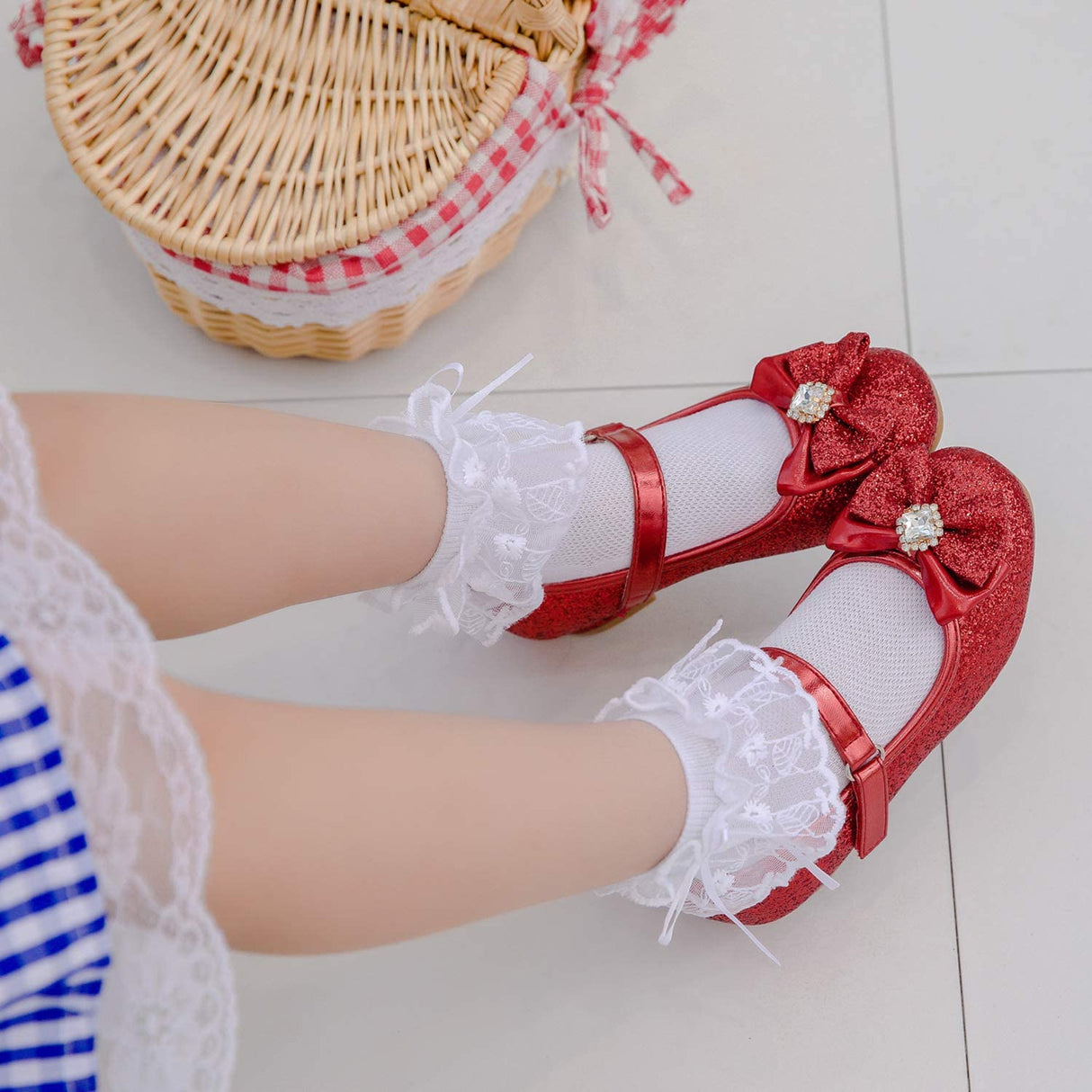 Furdeour Red Girls Flats Shoes for Size 13 Wedding Party High Heels Girls Cosplay Low Heeled Princess Little Kid Halloween Christmas(2701Red 13)