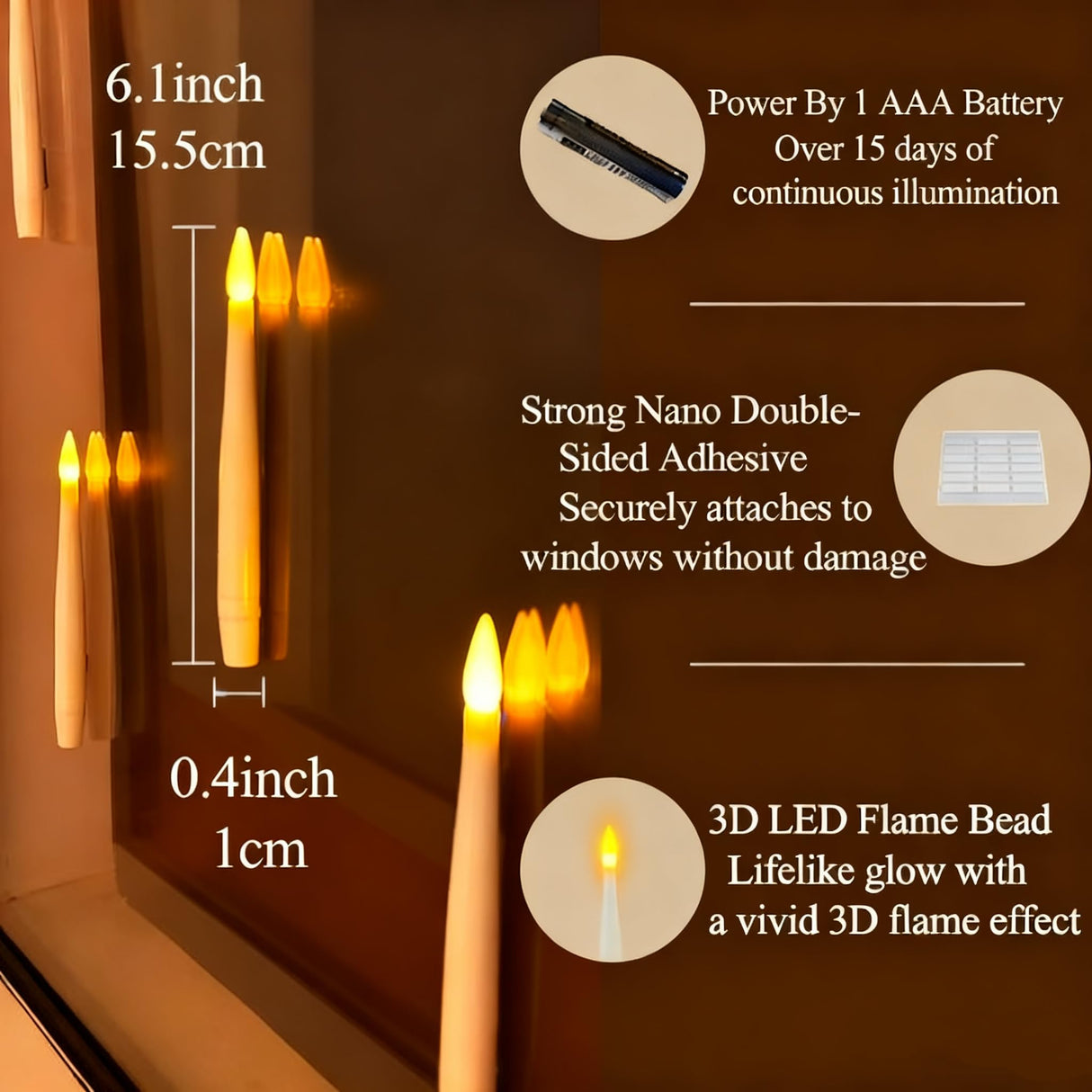 JMTONE Window Candles with Light Sensor Dusk to Dawn, 14PCs Window Candles Battery Operated with Nano Adhesive Strip, 6.1" Flameless Taper Candle for Halloween, Christmas, Xmas Holiday Home Decor