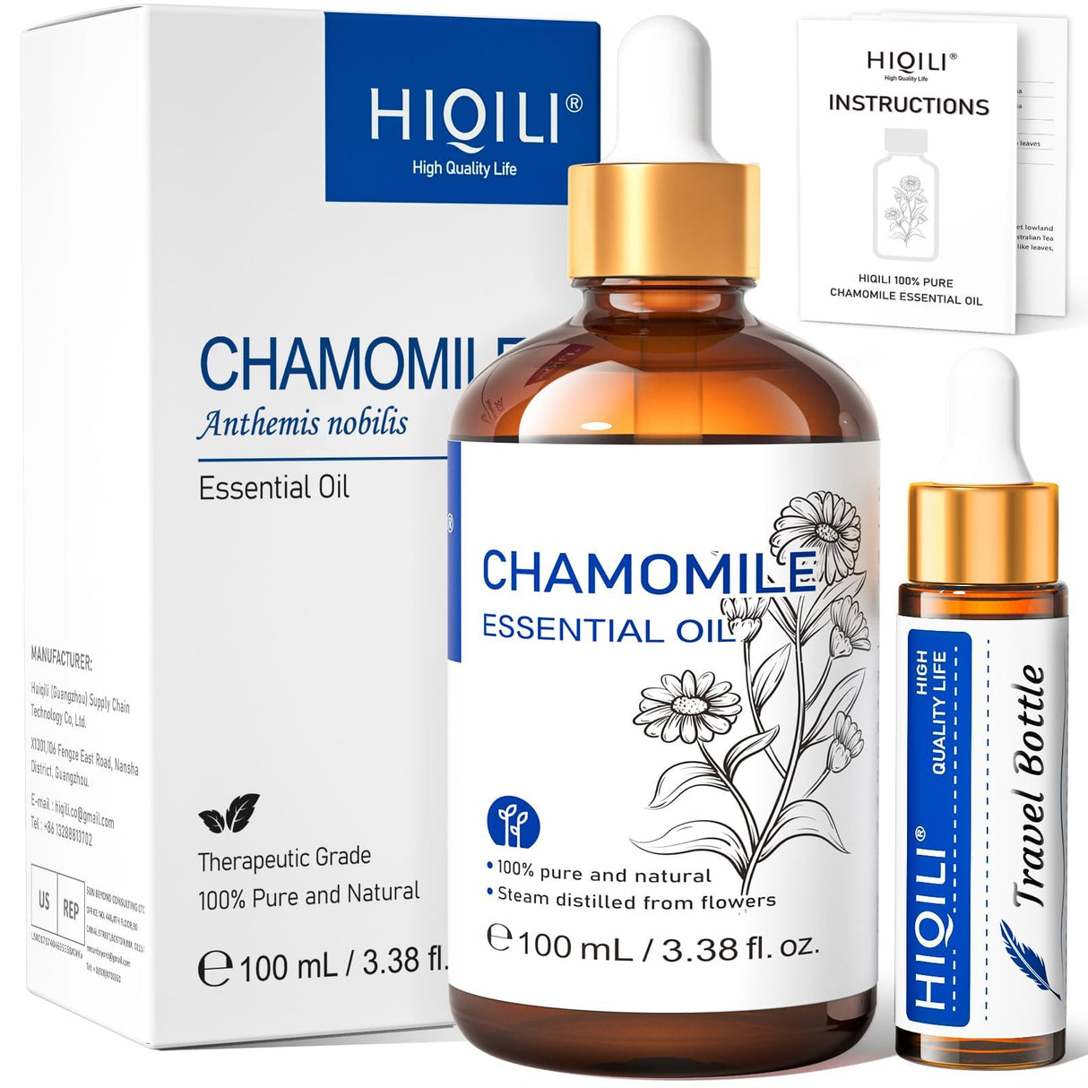 HIQILI 100ML Chamomile Essential Oil, Pure & Natural Chamomile Oil for Diffueser, Skin, Soap, Shampoo - 3.38 Fl Oz