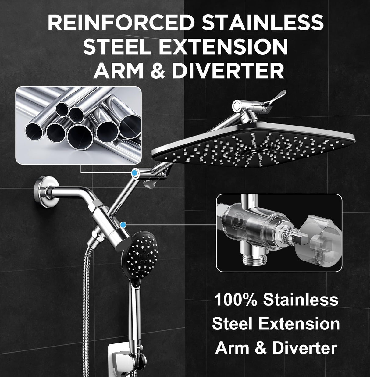 Veken Wide Rain Shower Head with Multi-Modes Handheld Water Spray,High Pressure Showerhead Combo with Arm for Bathroom Accessories,Home Decor Adjustable Dual Shower with Anti-Clog Nozzles,Matte Black