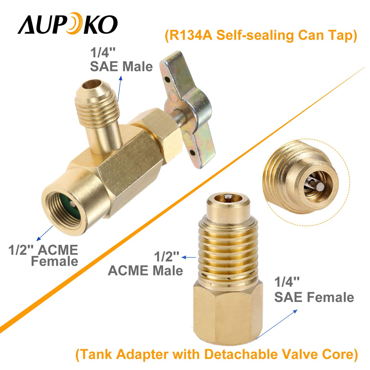 Aupoko R134A Self-Sealing Can Tap with R134A Tank Adapter and Valve Core Remover, 1/4’’ SAE Valve Refrigerant Dispenser with 1/4’’ Female and 1/2’’ Male Adapter, for Air Conditioner Manifold