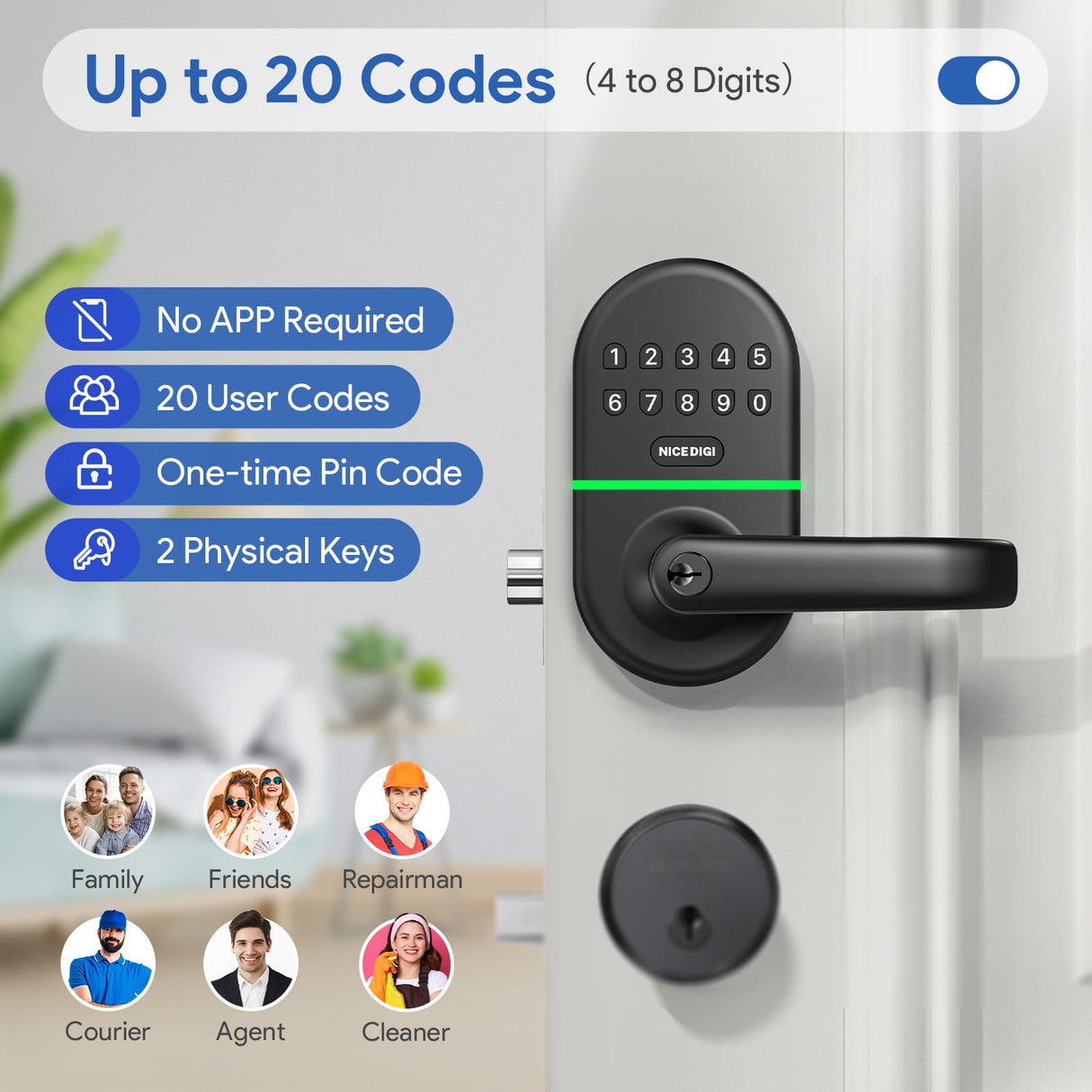 Keypad Door Lock with Handle: Keyless Entry Smart Lock for Front Door, NICE DIGI Electronic Digital Door Lock, Easy Installation