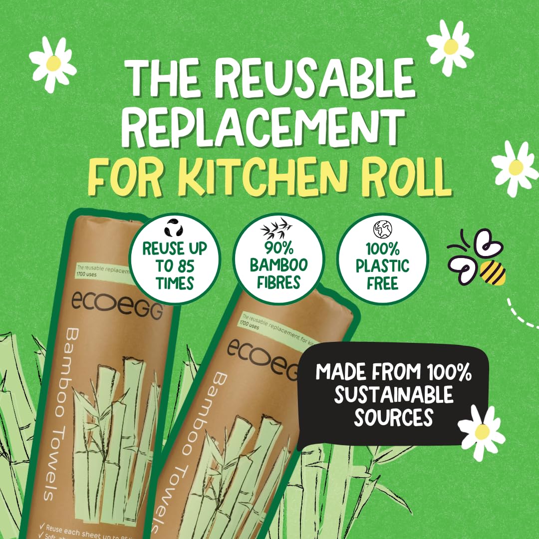 Ecoegg Bamboo Kitchen Towels | Reusable Eco Friendly Alternative to Kitchen Paper | Made from 100% Sustainable Sources | Super Absorbent | 20 White Towels | 1800 uses