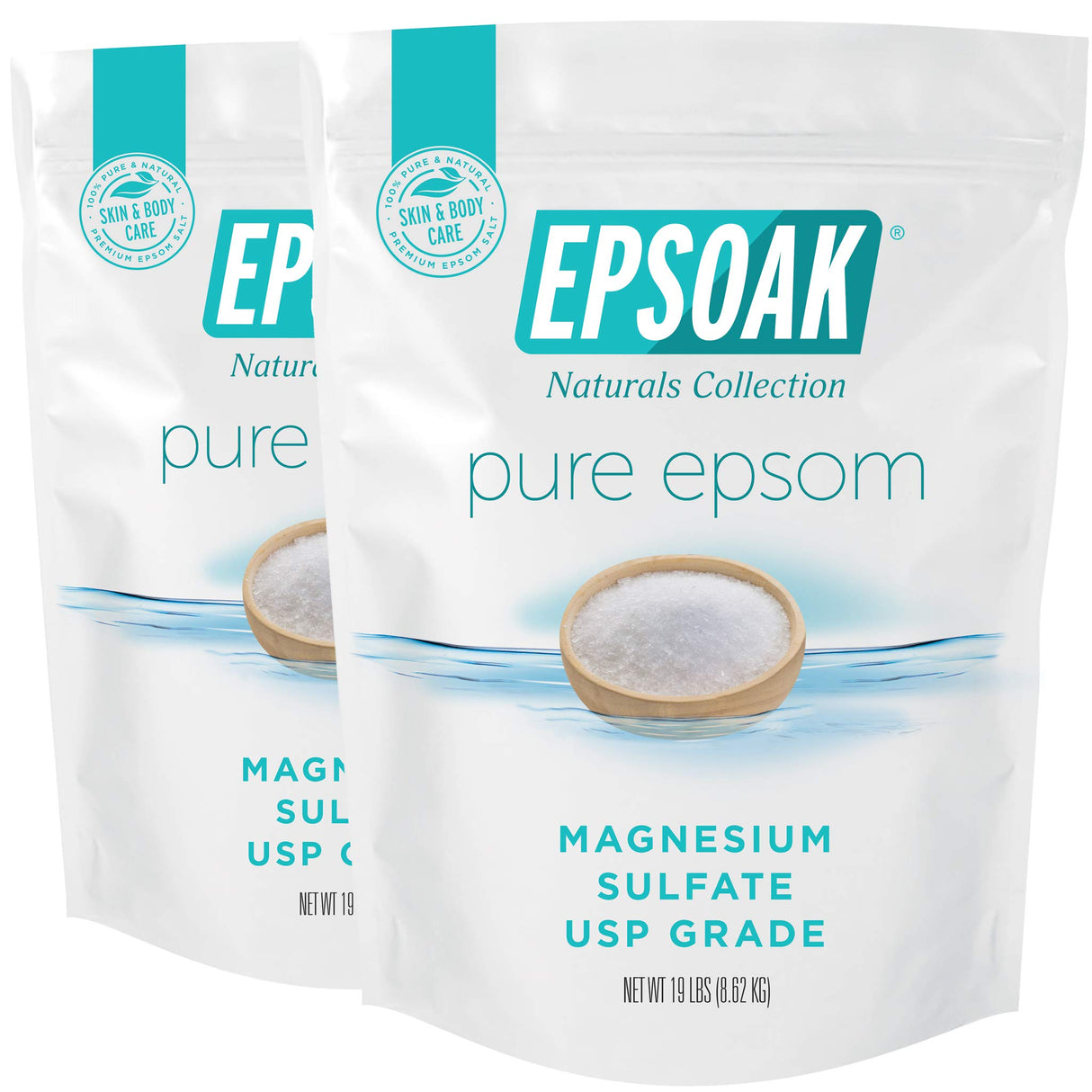 Epsoak Epsom Salt 38 lb. Magnesium Sulfate USP. (Qty. 2 x 19lb. Bags) Resealable Epsom Salt Bulk Bags Unscented, Made in The USA, Cruelty-Free Certified