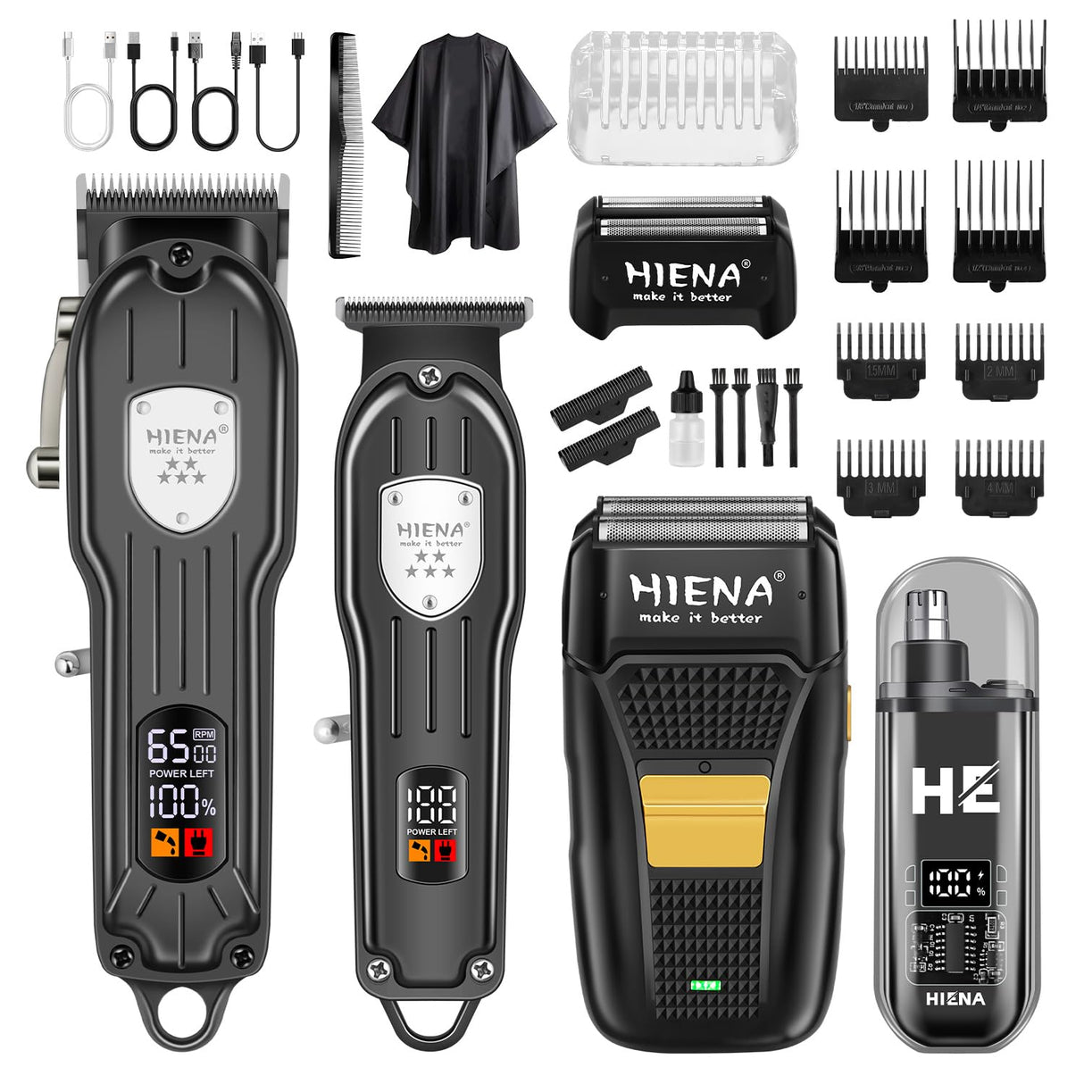 HIENA PRO Professional Hair Clipper Kit, Rechargeable Cordless Barber Kit and Hair Cutting Set, Electric Foil Shavers and Beard Trimmers, Ear, Nose Hair Trimmer Set & Facial Grooming Tool (Black)