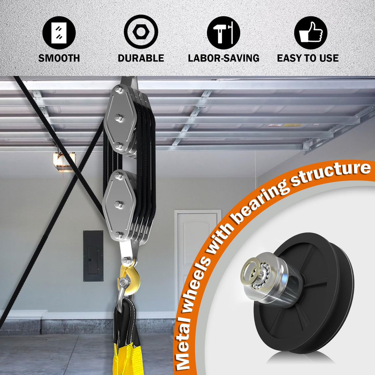 YATOINTO Upgraded Rope Hoist Pulley System, 4400LBS Block and Tackle with 304 Stainless Steel Shackle 2PCS Lift Sling, 8:1 Power 65ft Heavy Duty Pulley Block for Lifting Garage Warehouses Building