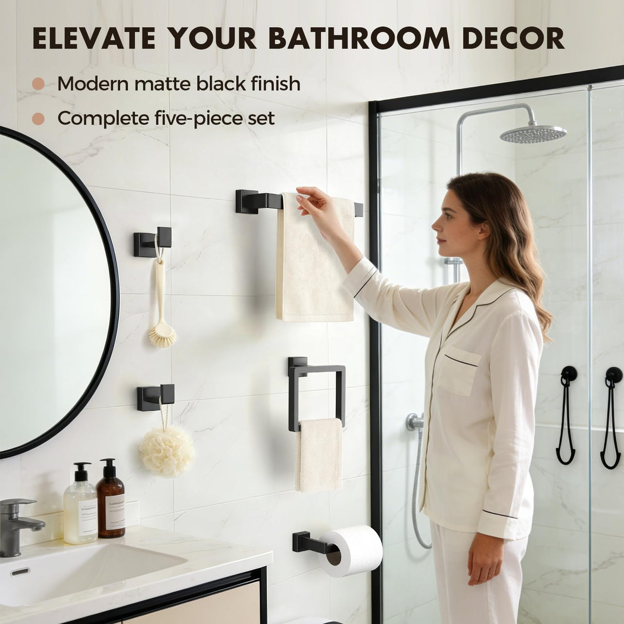 5-Pieces Matte Black Bathroom Hardware Accessories Set, SUS304 Stainless Steel Bath Towel Bar Set, Towel Racks for Bathroom Wall Mounted.