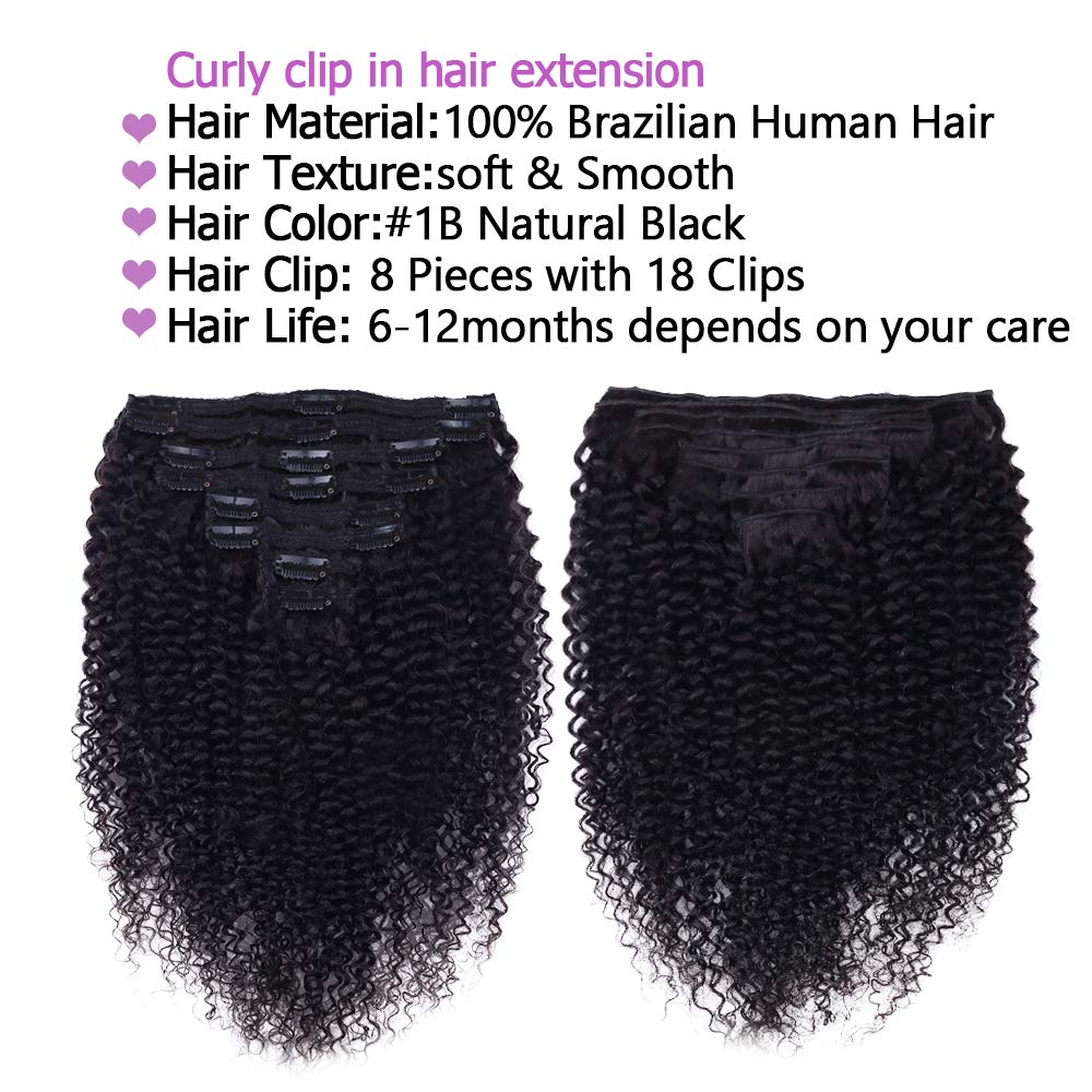 Curly Clip In Extension Human Hair 3C 4A Kinky Curly Clip Ins Full Head for Black Women Brazilian Remy Human Hair Natural Color 8Pcs with18clips 120g/Set (20 inch, curly wave)