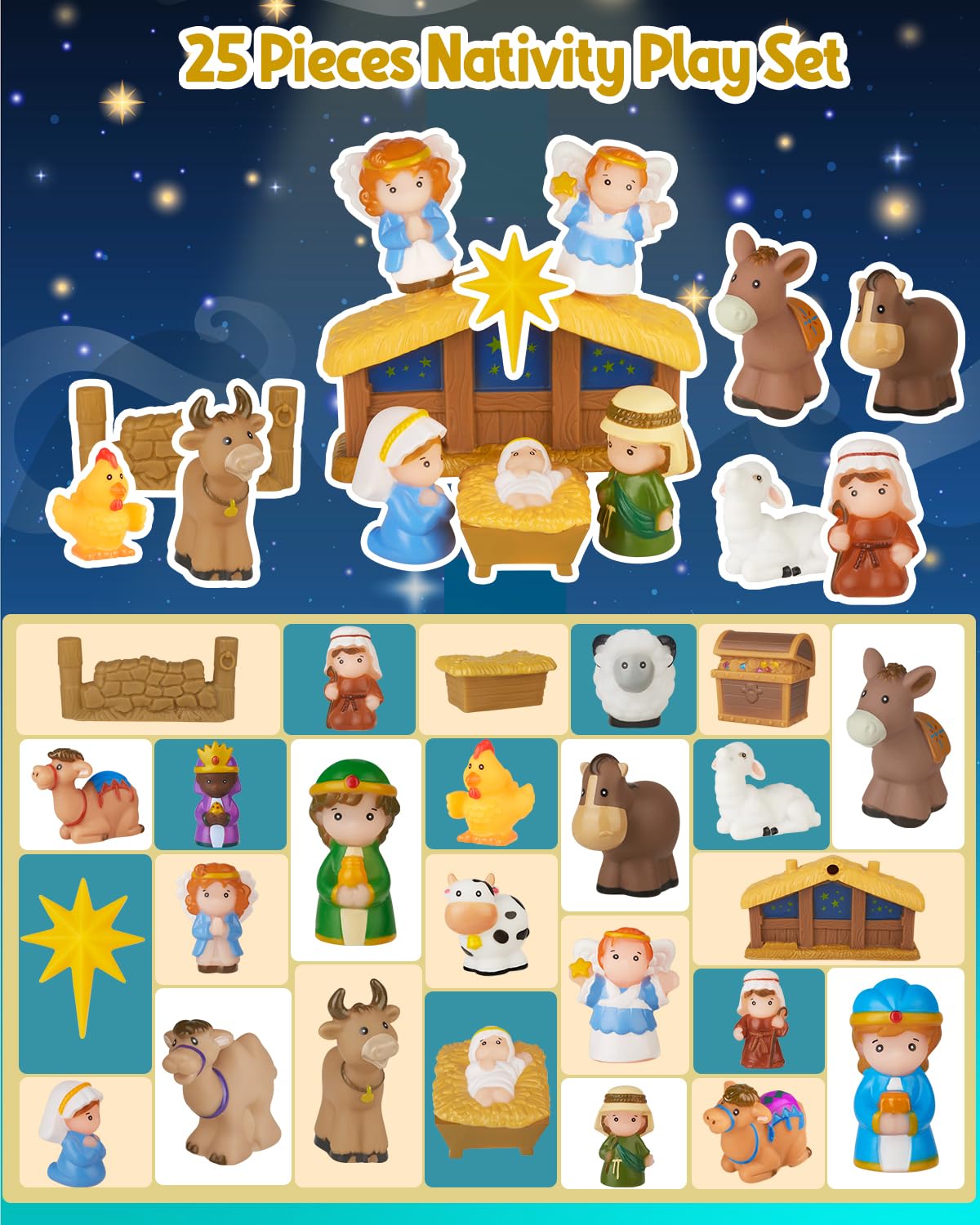 Nativity Set for Kids, Toddlers, Children, Christmas Story 25 Piece Sets & Figures Nativity Scene for Little Girls Boys Ages 1 2 3 4 5 6+ at Home, Sunday School, Soft Material Baby Bath Toys Playset