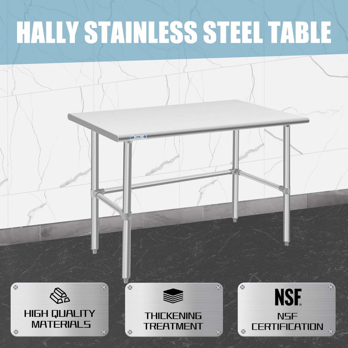 Hally Open Base Stainless Steel Table 30 x 48 Inches, NSF Commercial Heavy Duty Prep & Work Table with Galvanized Legs for Restaurant, Home and Hotel