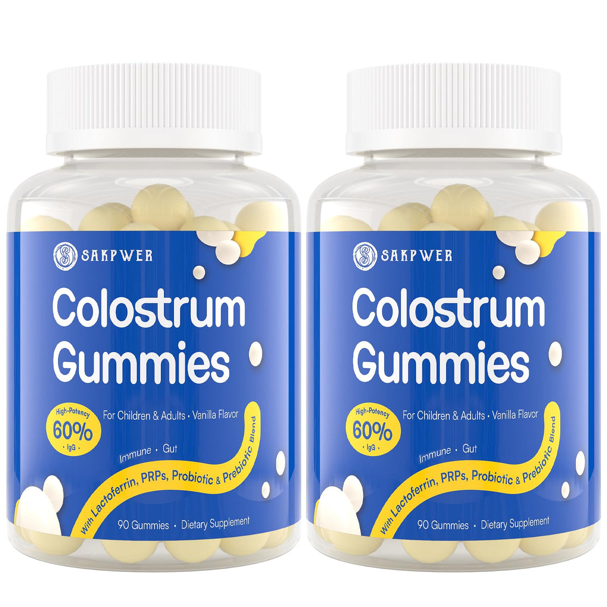 Bovine Colostrum Supplement Gummies - with 60% Highest IgG, Lactoferrin, Probiotics and Prebiotics for Adults and Kids, Vanilla Flavor & Sugar Free, 2 Pack