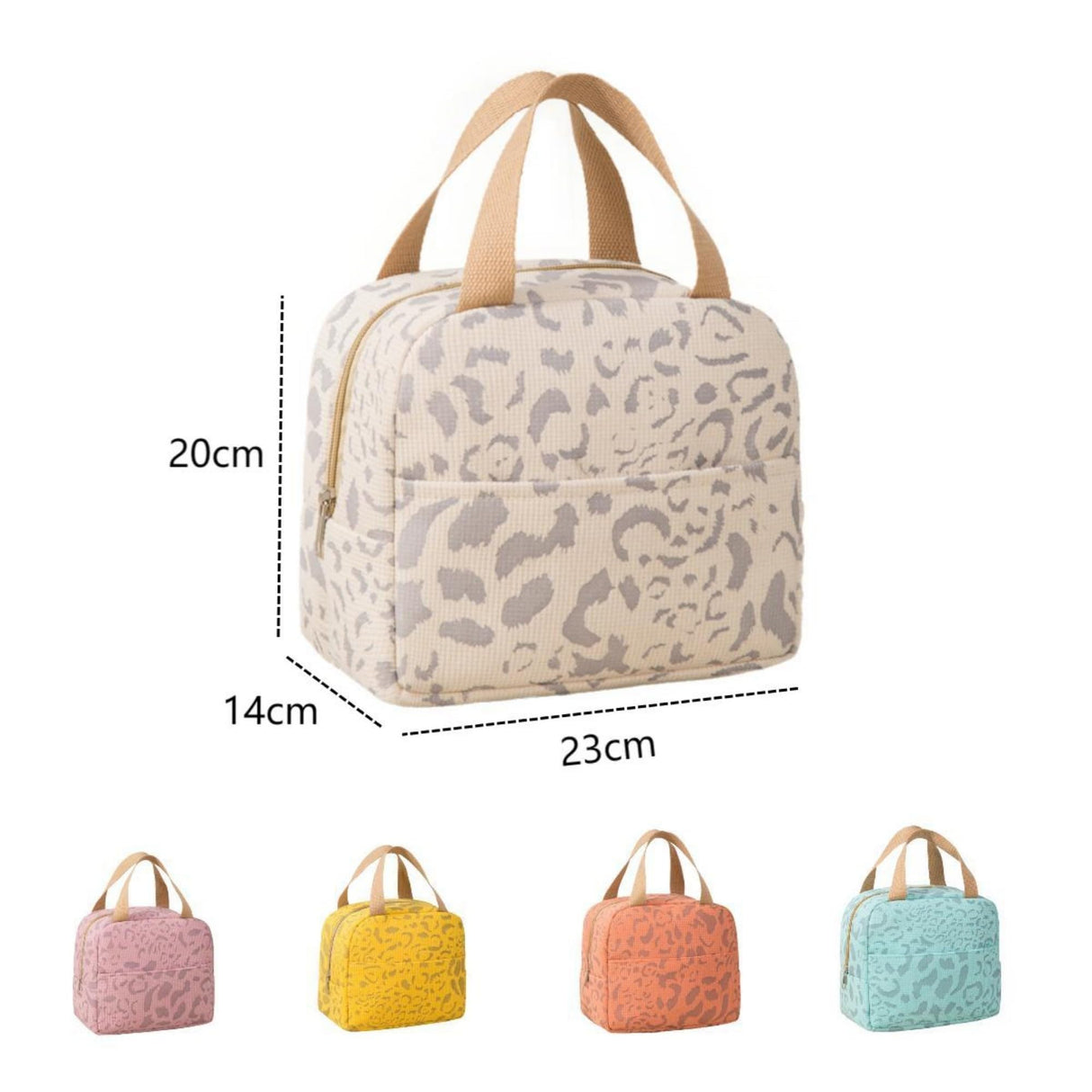 Arae Insulated Lunch Bag, 9 x 5.5 x 8 inches, Leopard Print, Waterproof Cooler Tote with Front Pocket (Beige)