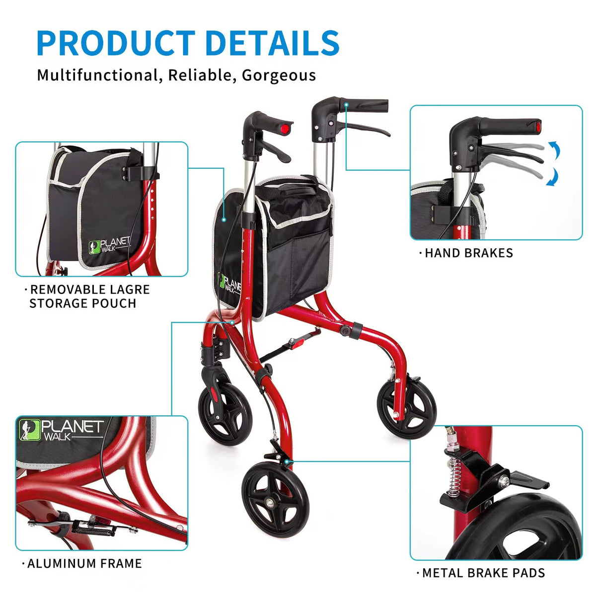 Planetwalk Premium 3 Wheel Rollator Walker for Seniors - Ultra Lightweight Foldable Walker for Elderly, Aluminum Three Wheel Mobility Aid, Brilliant Red