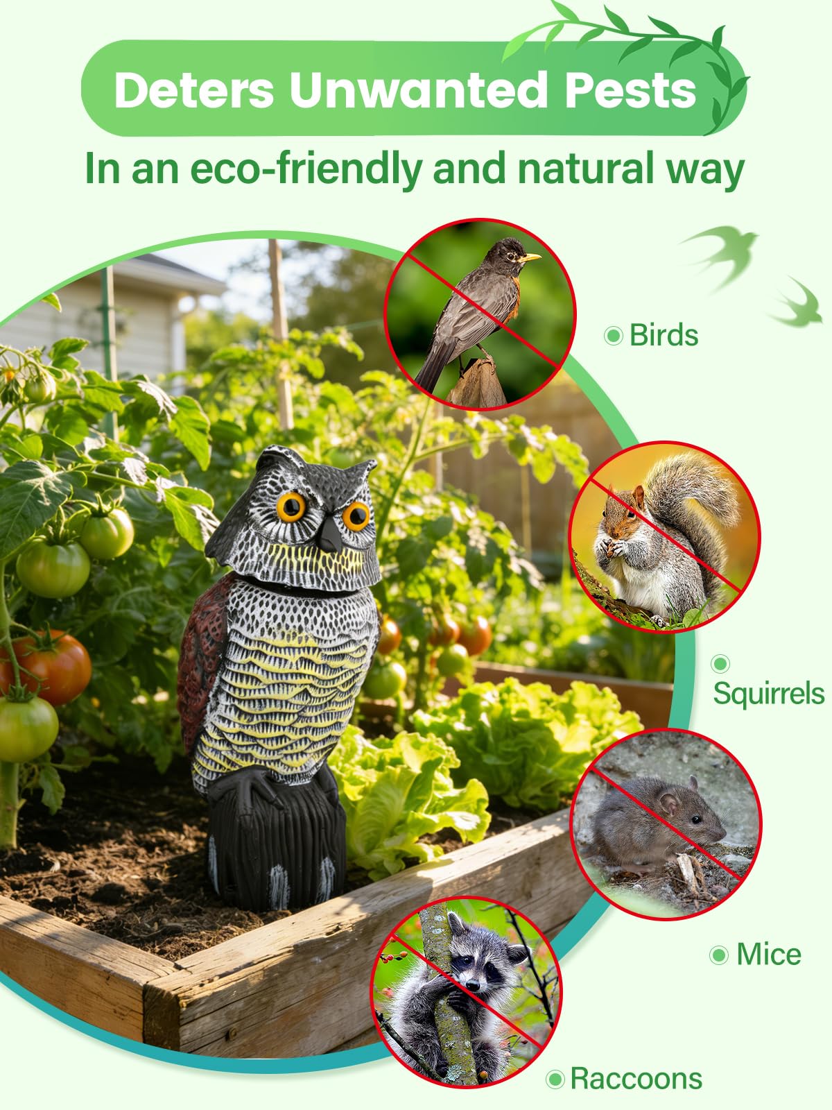 Pestvanish Owl Decoys to Scare Birds Squirrels Away, 360 Rotating Head Activated, Fake Owl Statues Repellent Pest Hawk Squirrel Cats Chickens Pigeon Bird Deterrents for Outside Garden Patios Backyard