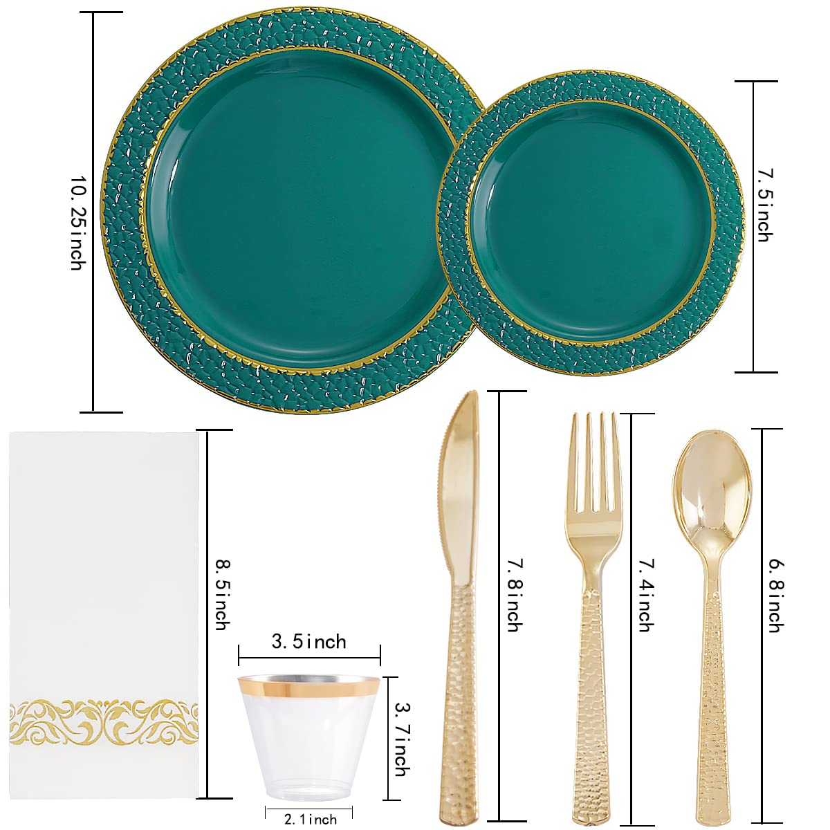 FLOWERCAT 175PCS Marrs Green Plastic Plates with Gold Rim&Christmas Plates&Green and Gold plastic Plates&Gold Plastic Silverware - Ideal for Wedding,Spring Party,St. Patrick's Day