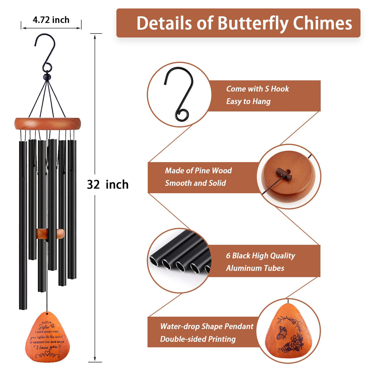 Sister Gifts, Sister Birthday Gift, 32" Sister Butterfly Wind Chimes, Sisters Gifts from Sister for Christmas Mothers Day