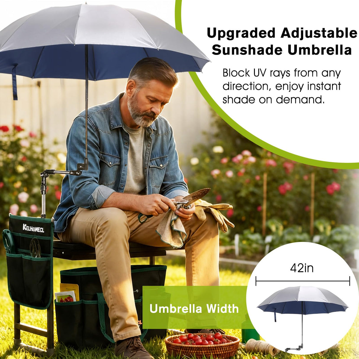 KELHOMECL Garden Kneeler and Seat with Umbrella, 2-in-1 Foldable Gardening Stool with Adjustable Bracket, Detachable Tool Bags, Heavy Duty Kneeling Pad for Gardening (Beige Green)