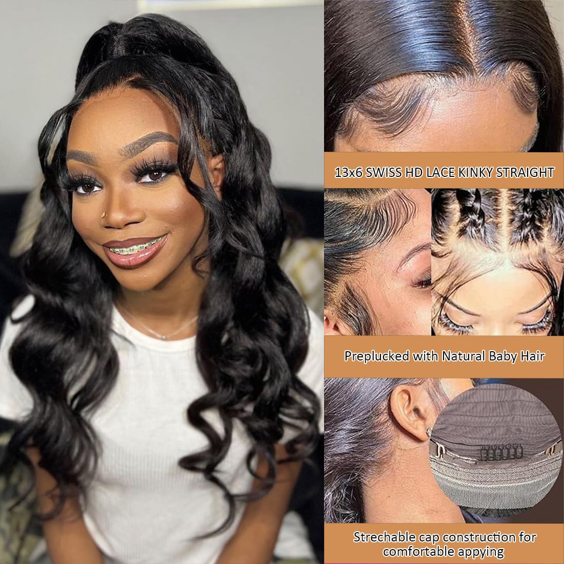 Ladoux 13x6 Lace Front Kinky Straight Wig HD Transparent Yaki Straight Frontal Closure Human Hair Wigs for Women 20Inch 180% Density Glueless Wig Pre Plucked With Baby Hair