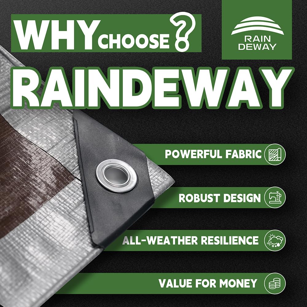RAINDEWAY 10x12 Feet Tarps Heavy Duty Waterproof,10Mil Thick Multipurpose Poly Tarp Cover with Metal Grommets and Reinforced Edges,Silver/Brown Tarp