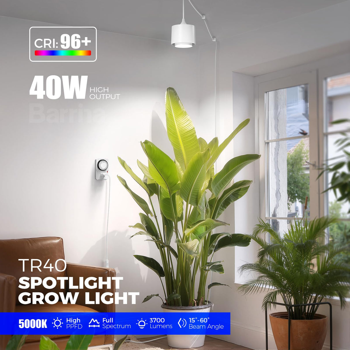 Barrina TR40 Hanging Plant Lights for Indoor Growing, 40W 5000K Full Spectrum, Adjustable Beam Angle (15°-60°), High PPFD, Spotlight Grow Light with Timer for Indoor, Large Tall Plant, Flowers, White