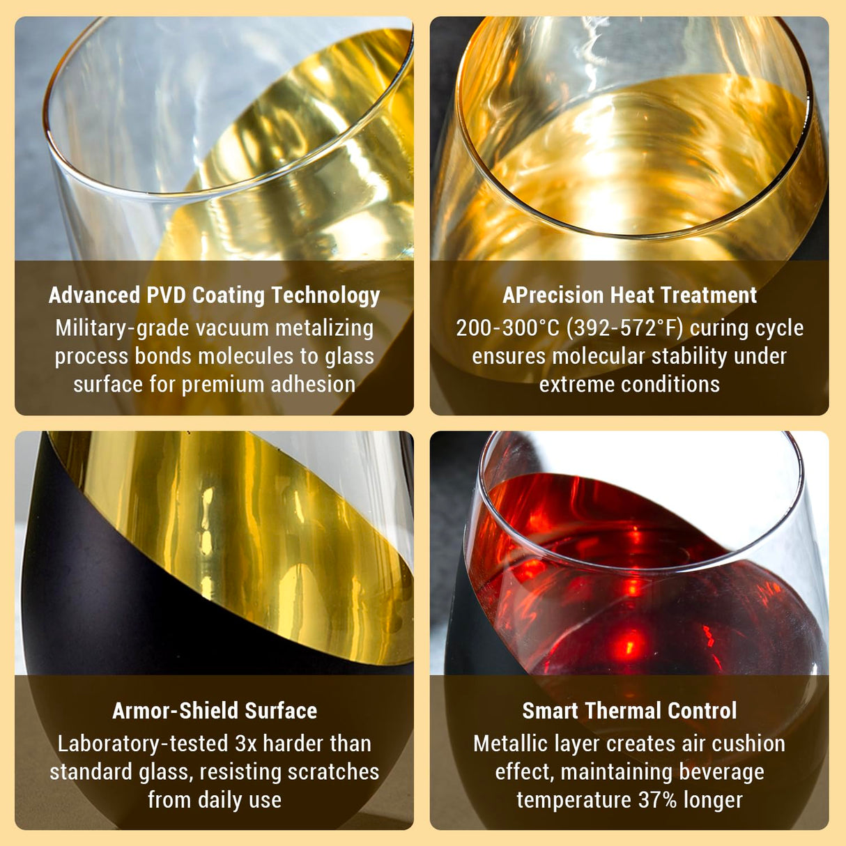 MyGift Black and Gold Stemless Wine Glasses Set of 4 - Elegant Christmas Gift Set with Luxe Metallic Finish, 18oz Modern Barware