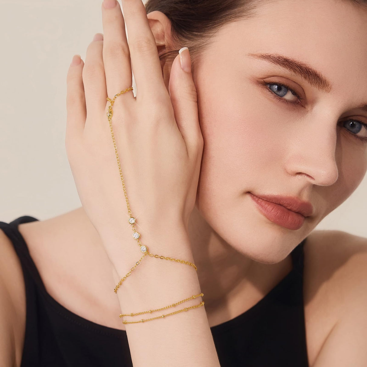 Cicy Bell Hand Chain Bracelets for Women 18K Gold Plated