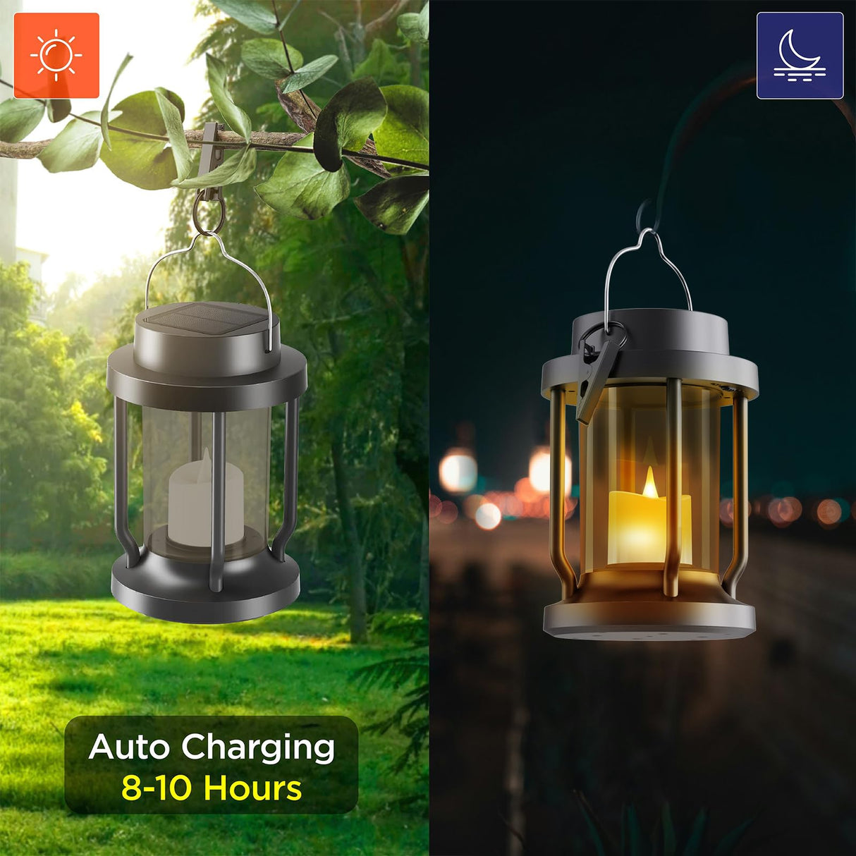 FriutShine Solar Lantern Outdoor & Indoor Use – Hanging Solar Lights with Realistic Flickering Flameless Candle, Weatherproof for Gardens, Patios, Trees, and Lawns (Black + Gray, 2 Pack)