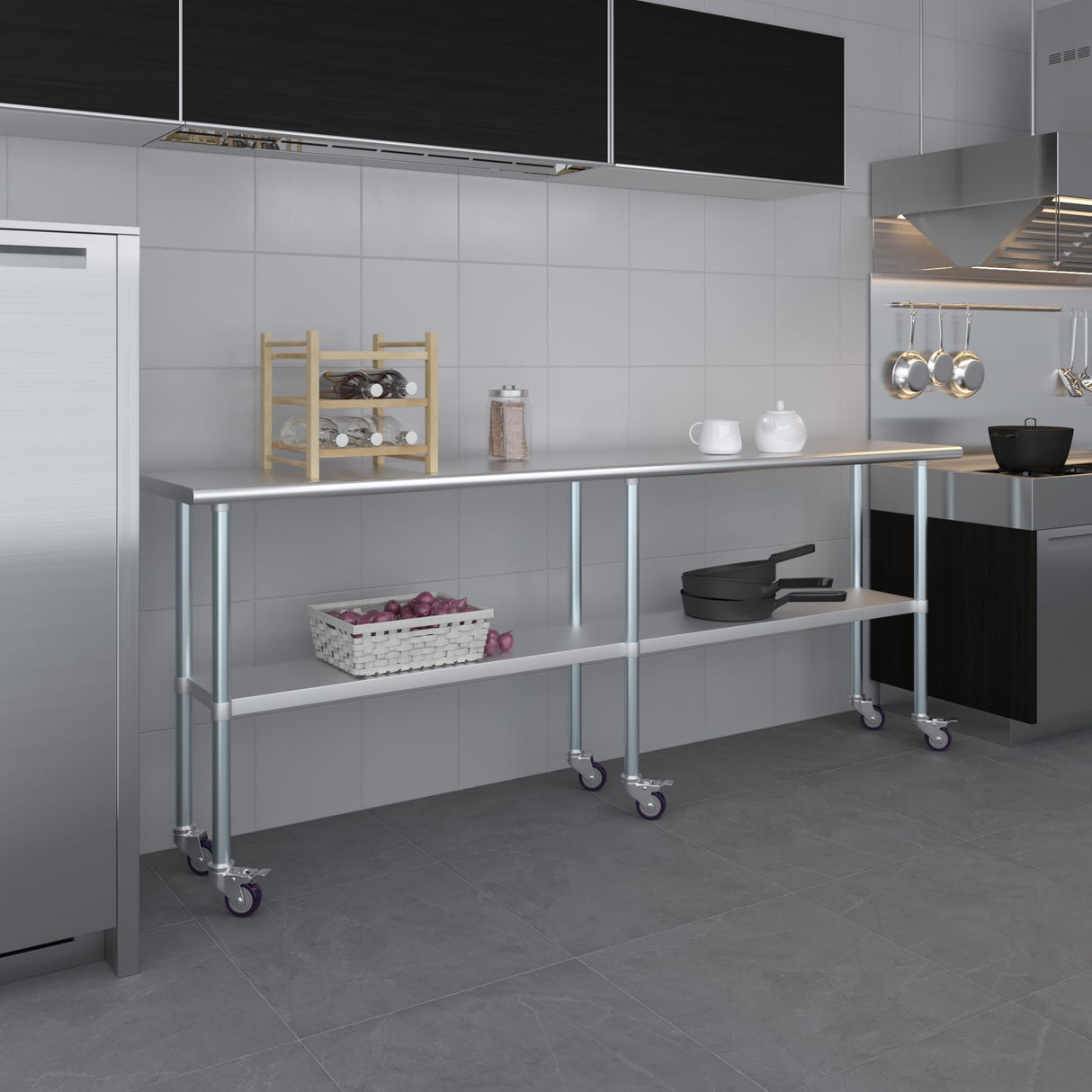 AmGood 18 in. x 96 in. Stainless Steel Work Table with Wheels | Metal Kitchen Food Prep Table | NSF