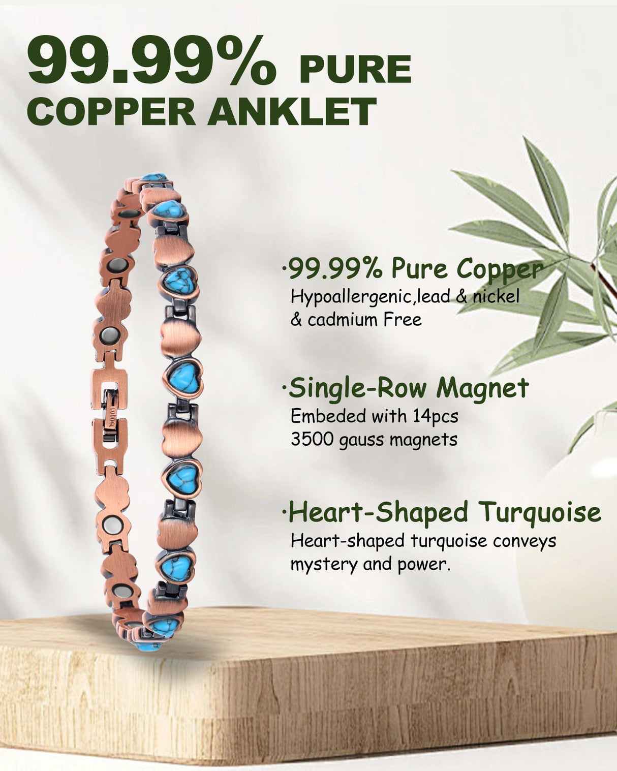 MagEnergy Copper Anklet for Women& Lymphatic Drainage Ring, Turquoise Magnetic Ankle Bracelet with 3500 Gauss Magnets, 99.99% Pure Copper Anklet, Adjustable, Jewelry Gift Box (Free Sizing Tool)