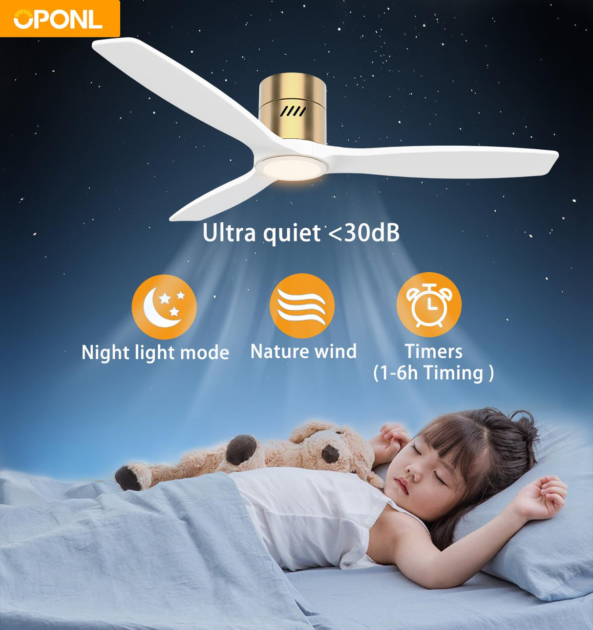 OPONL White Wood Ceiling Fan with Light 52inch, Low Profile, Remote Control, Noiseless, Reversible, 6CCT, Dimmable, 6 speeds, Timeable, Flush Mount Ceiling Fans with Lights for Living Room