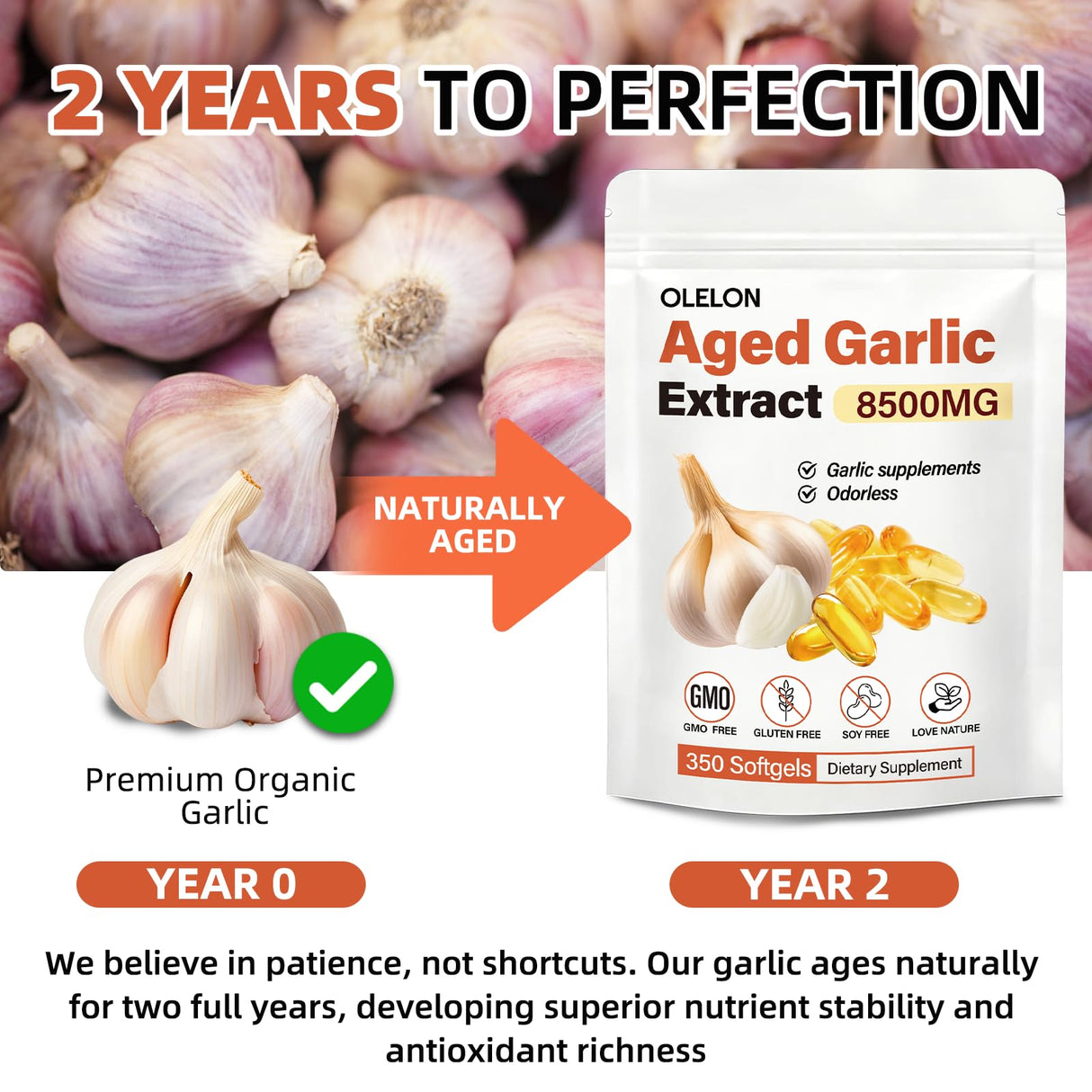 OLELON Aged Garlic Extract 350 Softgels - High Potency, Odorless, Non-GMO & Organic Garlic Supplement for Heart Health, Immune Support & Antioxidant Benefits
